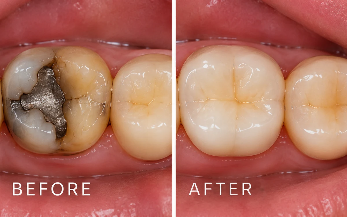 Illustrative before and after example of a CEREC same-day crown replacing a damaged back tooth