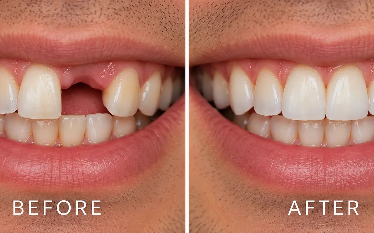 Illustrative before and after example of a dental implant replacing a missing front tooth