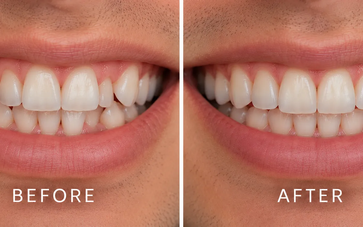 Illustrative before and after example of Invisalign clear aligners straightening crowded teeth