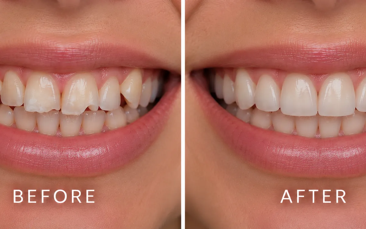 Illustrative before and after example of porcelain veneers on chipped and uneven front teeth
